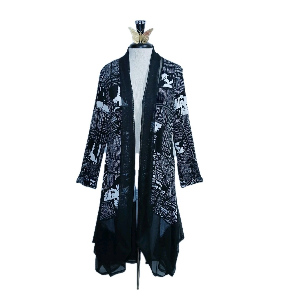 IC Connie K Newsprint Duster Cardigan M Women Black White Longline Lagenlook Art